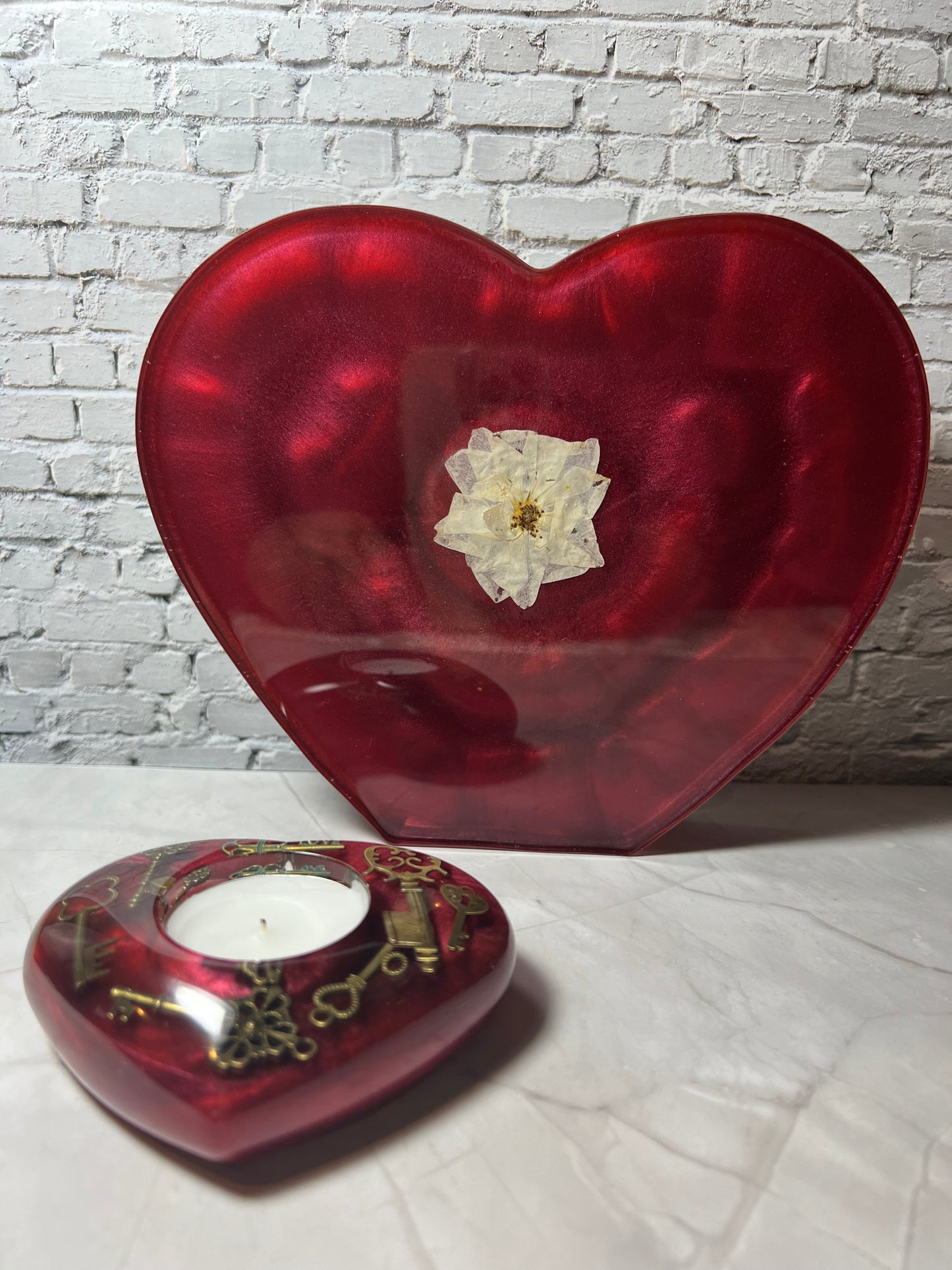 Resin Clock with Amethyst or Rose Quartz, Vintage Keys, and a Matching Votive