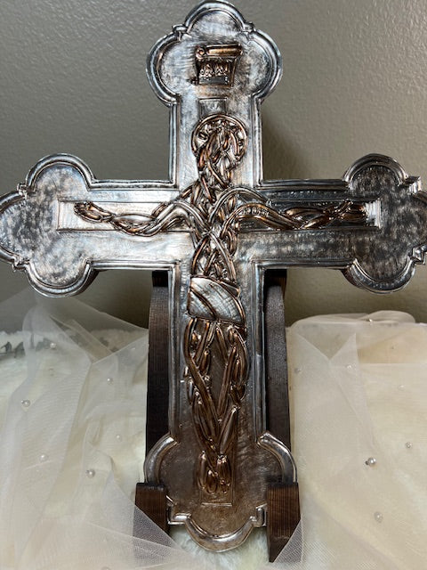 Handcrafted Pewter Cross Over Wood – 15" Tall