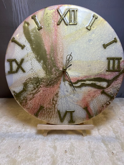 14" Round Resin Clock on Wood Base – Gold, Pearl, and Gold Accents