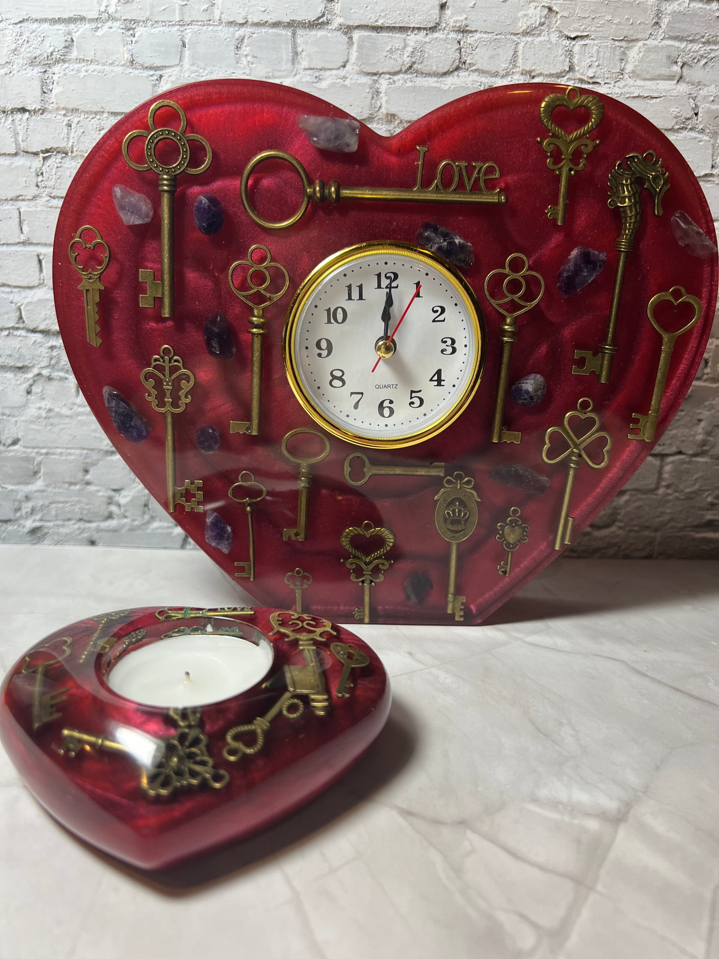 Resin Clock with Amethyst or Rose Quartz, Vintage Keys, and a Matching Votive