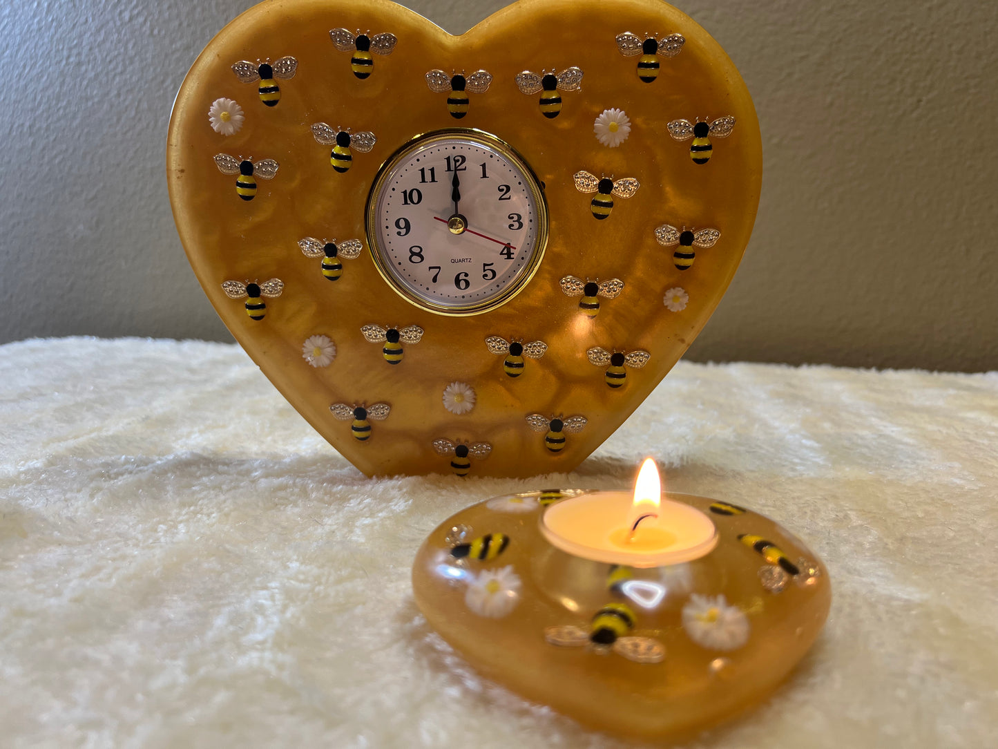 Yellow Resin Clock with Bees and Matching Votive