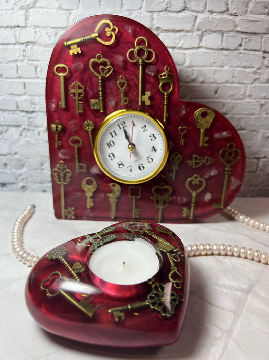 Resin Clock with Amethyst or Rose Quartz, Vintage Keys, and a Matching Votive