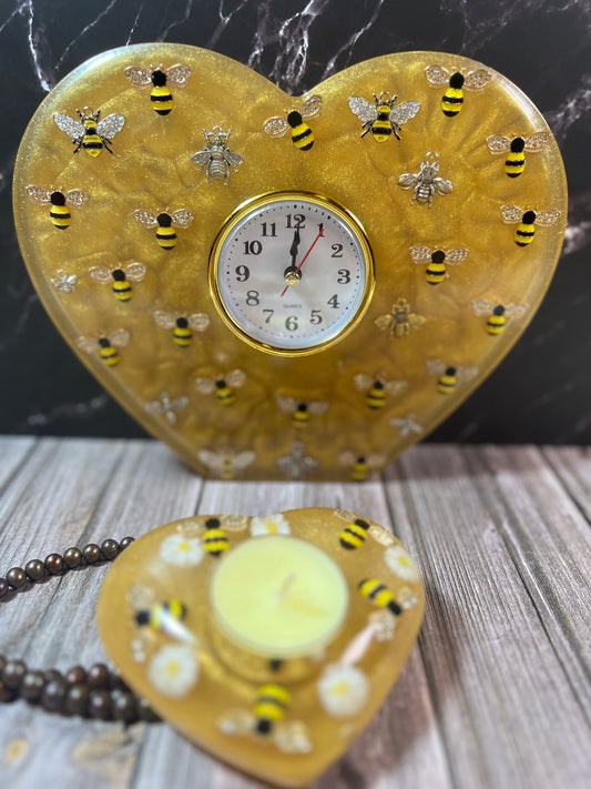 Yellow Resin Clock with Bees and Matching Votive