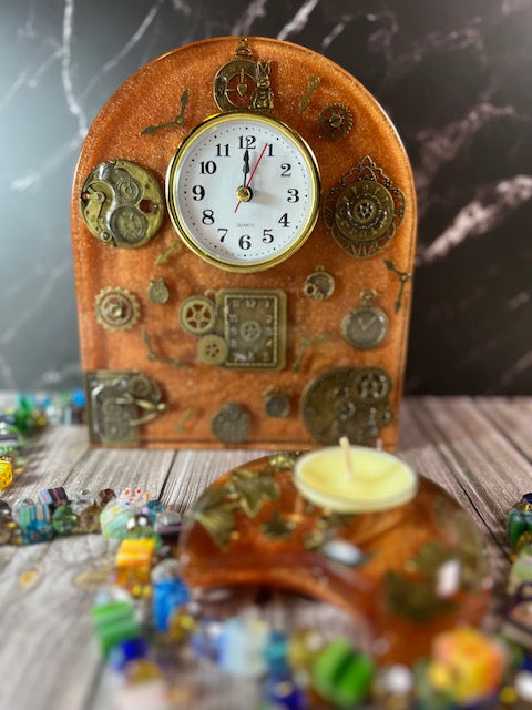 Amber Resin Clock with Embedded Clocks