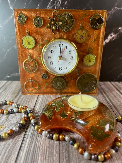 Small Square Amber Resin Clock with Embedded Clocks and Moon-Shaped Votive