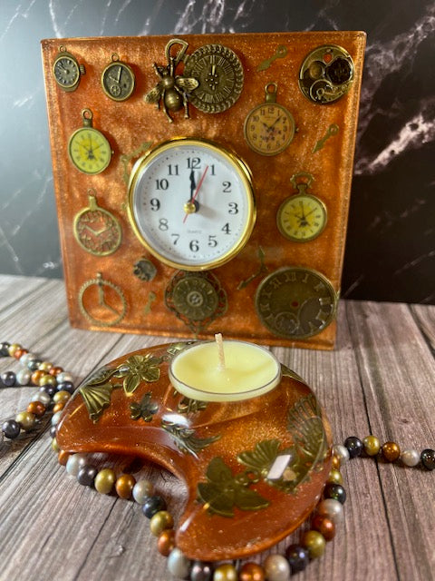 Small Square Amber Resin Clock with Embedded Clocks and Moon-Shaped Votive