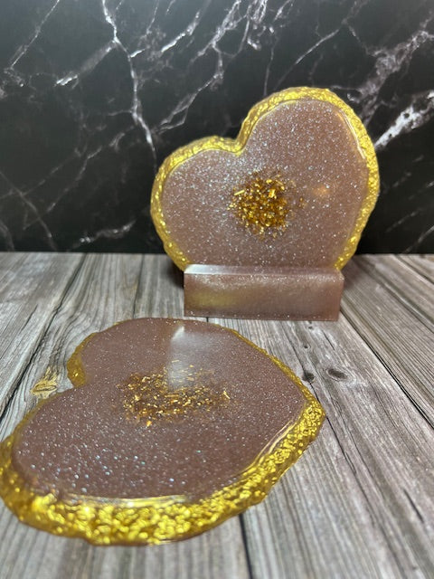 Light Plum Heart-Shaped Resin Coasters with Gold Trim (Set of 4)