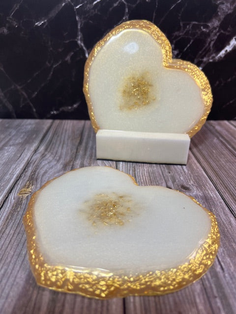 Pearl Heart-Shaped Resin Coasters with Gold Trim (Set of 4)