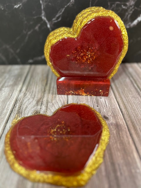 Red Heart-Shaped Resin Coasters with Gold Trim (Set of 4)