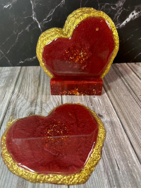 Red Heart-Shaped Resin Coasters with Gold Trim (Set of 4)