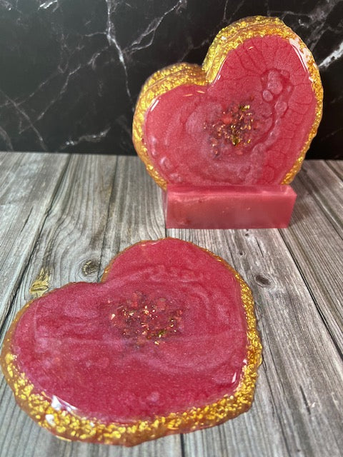 Bright Pink Resin Heart-Shaped Coasters with Gold Trim (Set of 4)