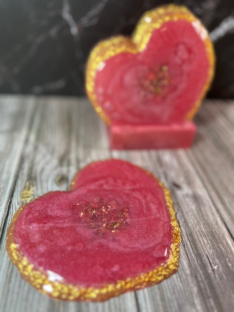 Bright Pink Resin Heart-Shaped Coasters with Gold Trim (Set of 4)