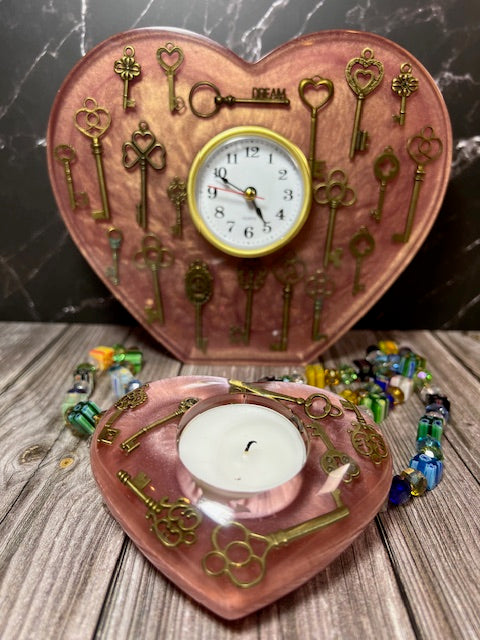 Pink Resin Heart Clock with Vintage Keys