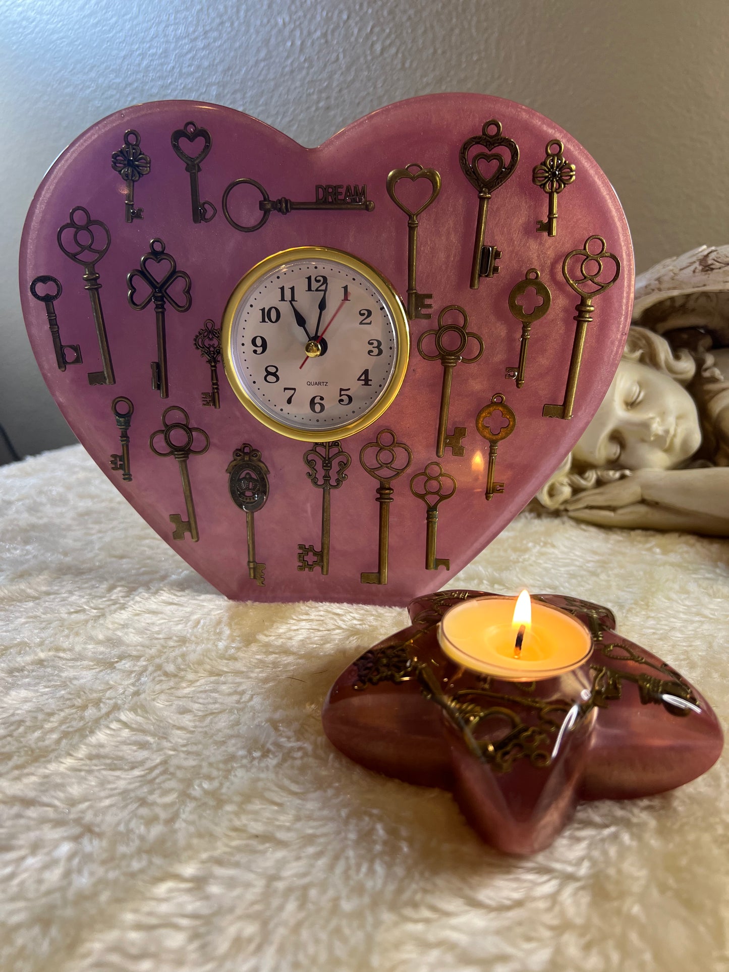 Pink Resin Heart Clock with Vintage Keys